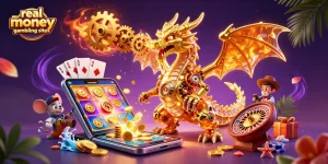 Engage with real money gambling sites through this vibrant casino-themed illustration featuring a dragon and a mouse engineer.
