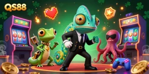 Engage with QS88's vibrant online gaming world filled with slot reels and animated characters.