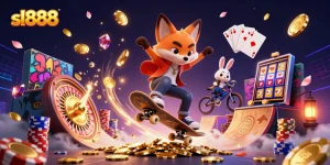 Experience the excitement of sl888 with vibrant characters and dazzling casino elements in a dynamic scene.