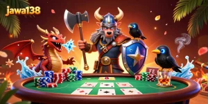 jawa138 menampilkan ilustrasi tiga karakter dalam suasana kasino dengan poker, chip, dan elemen dinamis lainnya