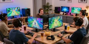 Friends enjoying a lively gaming session on Cika4D platform with vibrant graphics and snacks.