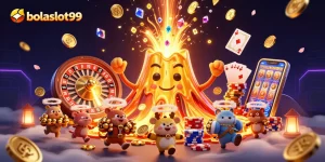 Engage with the thrilling world of bolaslot99, featuring golden volcanoes and vibrant casino elements.