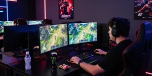 Gamer berlatih ligagalaxy di setup gaming modern dengan suasana fokus dan energik.