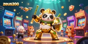 Gambarkan zeus200 dalam arcade kasino dengan simbol buah dan jackpot cerah yang bersinar.