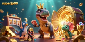 Experience thrilling gameplay with superjp88 featuring a T-Rex shuffling cards, enhanced by vibrant casino elements.