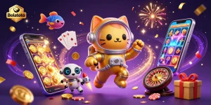 Engage with Bolatoto's exciting slot games through a whimsical cosmic scene featuring a space cat and robot dog companions.