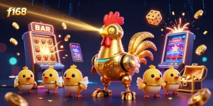 Experience exciting gaming at f168 with golden rooster robot and vibrant slot machine action.