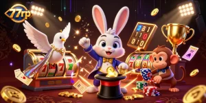 Experience thrilling wins at 77rp with playful characters collecting coins and poker chips in a vibrant casino scene.