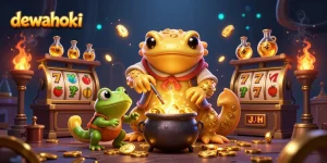 Experience the magic of dewahoki with gold coins transmuting in a lively casino scene.