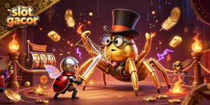 Menang di slot gacor dengan ilustrasi kasino yang penuh warna dan elemen bermain yang menarik.