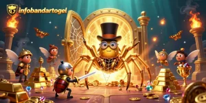 Experience the thrill of infobandartogel while the golden tarantula weaves luxury in a vibrant casino scene.