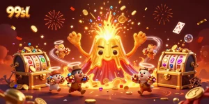 Experience unmatched excitement with 99sl's triumphant golden volcano showering coins and gems in a vibrant casino scene.