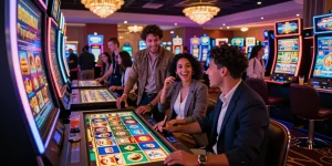 Exciting gaming moment at a slot machine highlighting situs slot with friends in a lively casino environment.